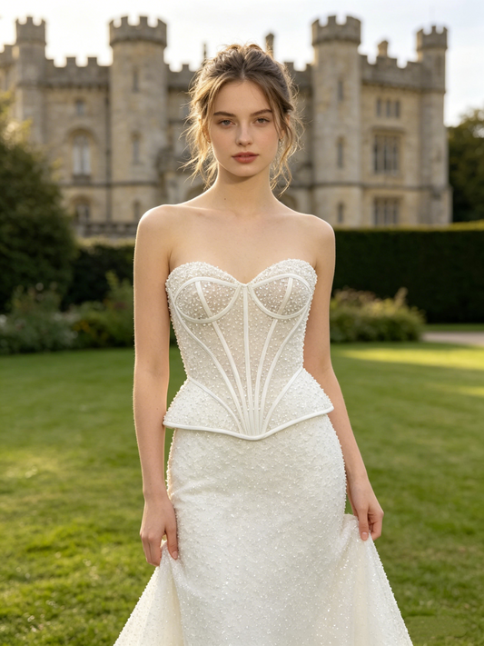 CN325 Convertible Strapless Mermaid Wedding Dress with High Neck Lace Jacket