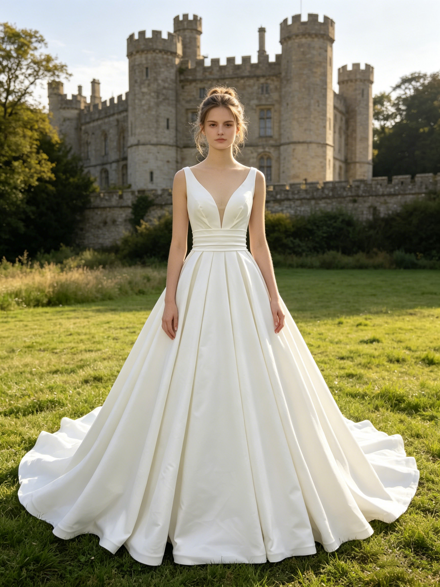 CS386 Elegant Deep V-Neck Satin A-Line Wedding Dress with Waist Sash