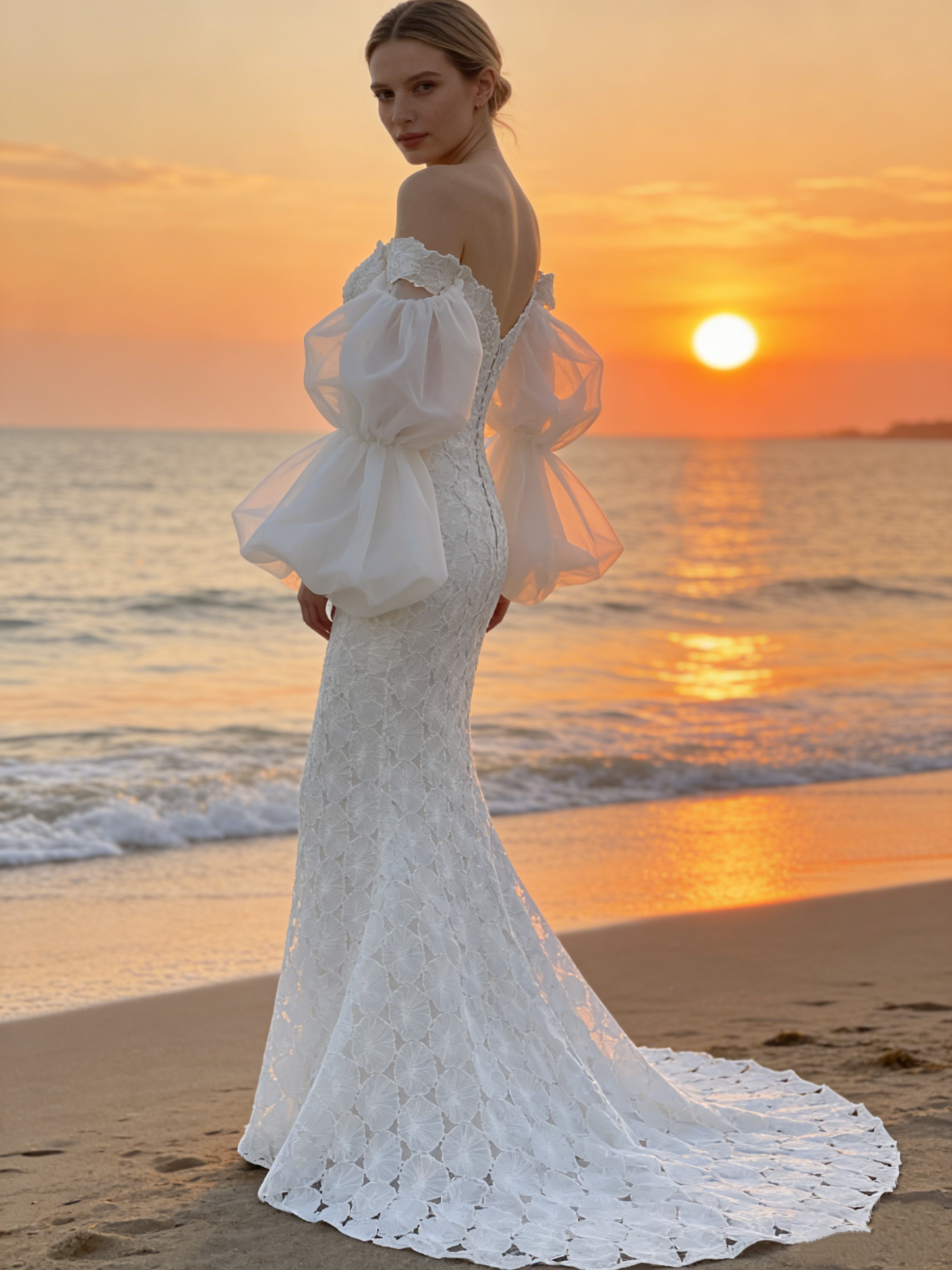 CS238 Elegant Off-the-Shoulder Mermaid Wedding Dress with 3D Floral Lace & Puff Sleeves