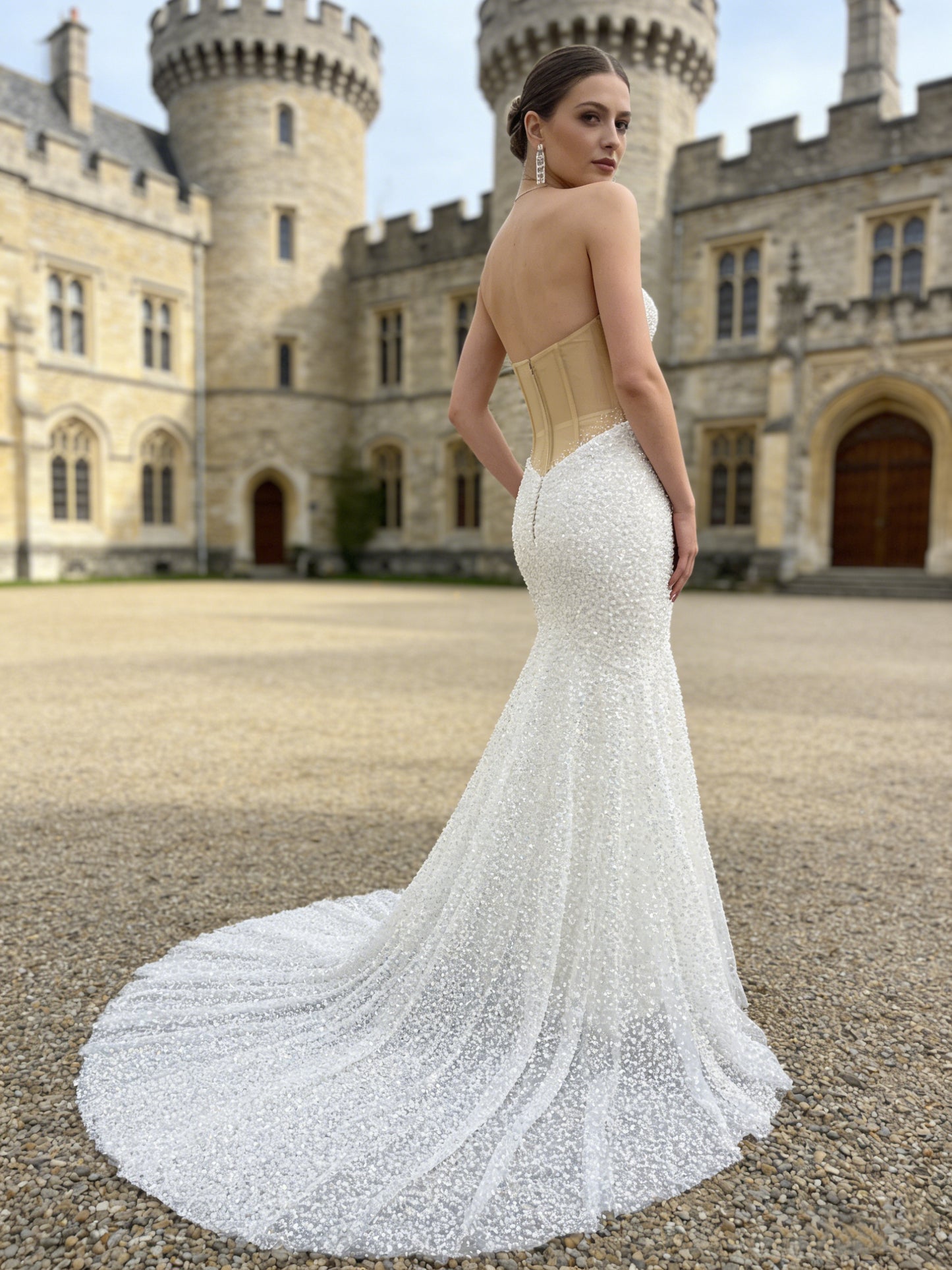JF048 Strapless Beaded Mermaid Wedding Dress with Plunge Neck & Ruffled Train