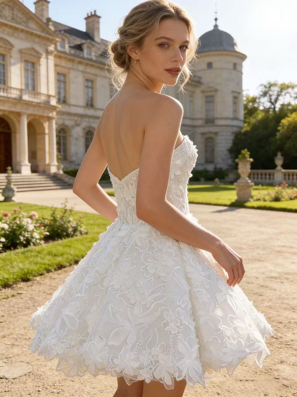 JF052 Strapless 3D Floral Lace A-Line Short Wedding Dress / Reception Gown