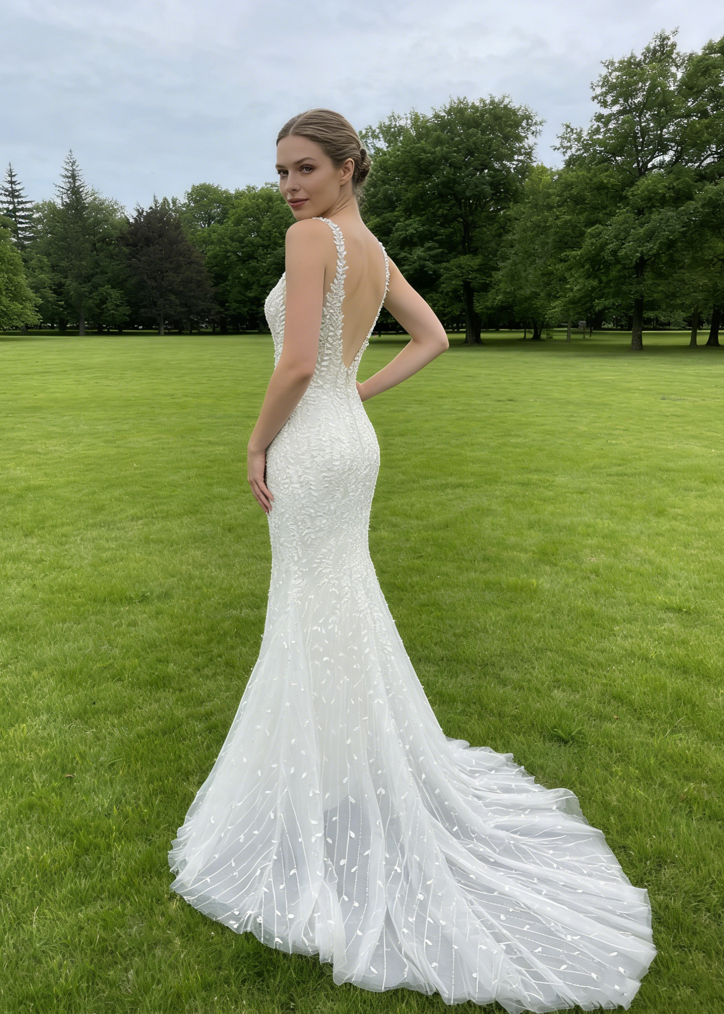 Deep V-neck Beaded Lace Mermaid Wedding Dress | JF004 Bridal Gown