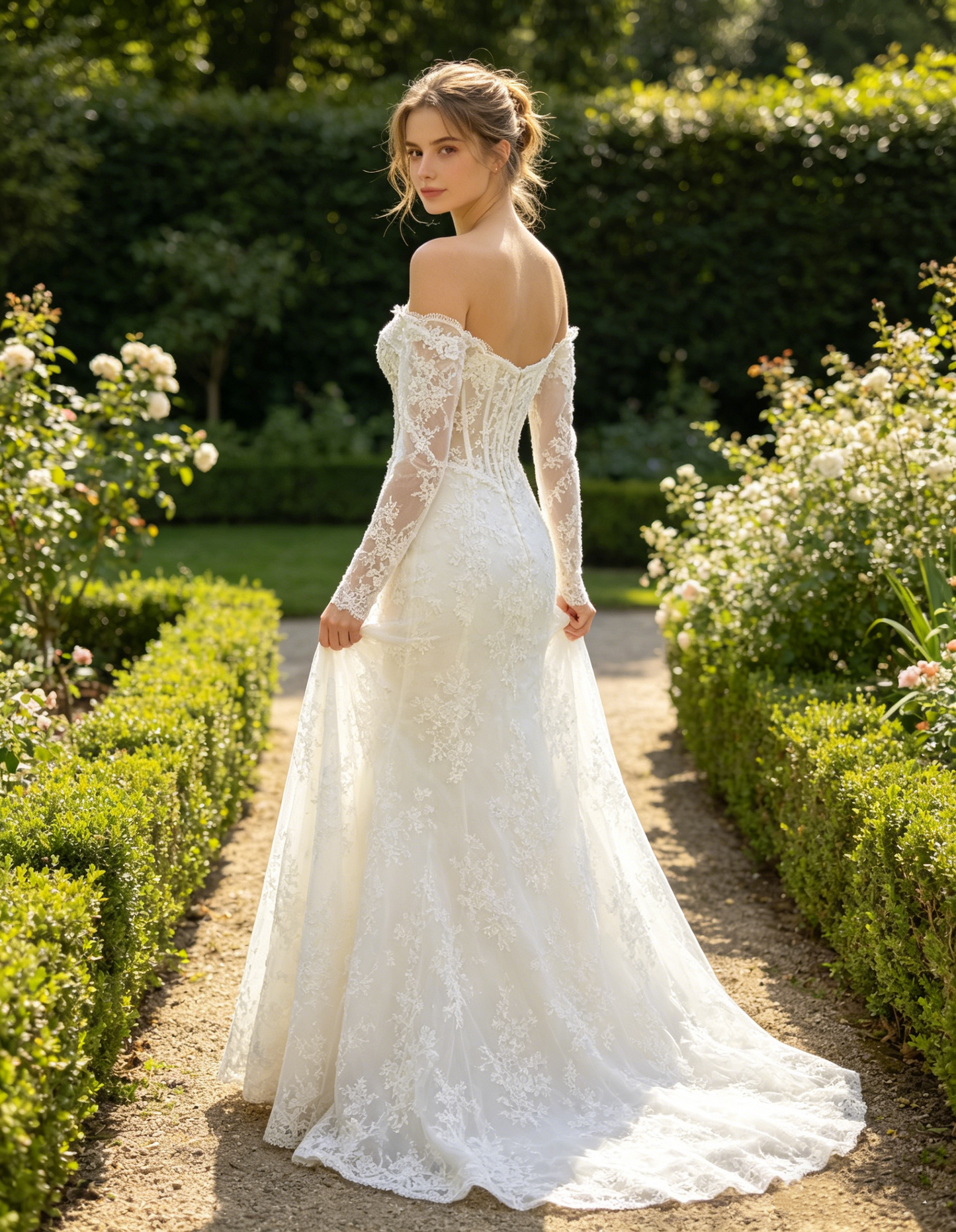 CS321 Off-the-Shoulder Lace Mermaid Wedding Dress with Corset Bodice & Long Sheer Sleeves