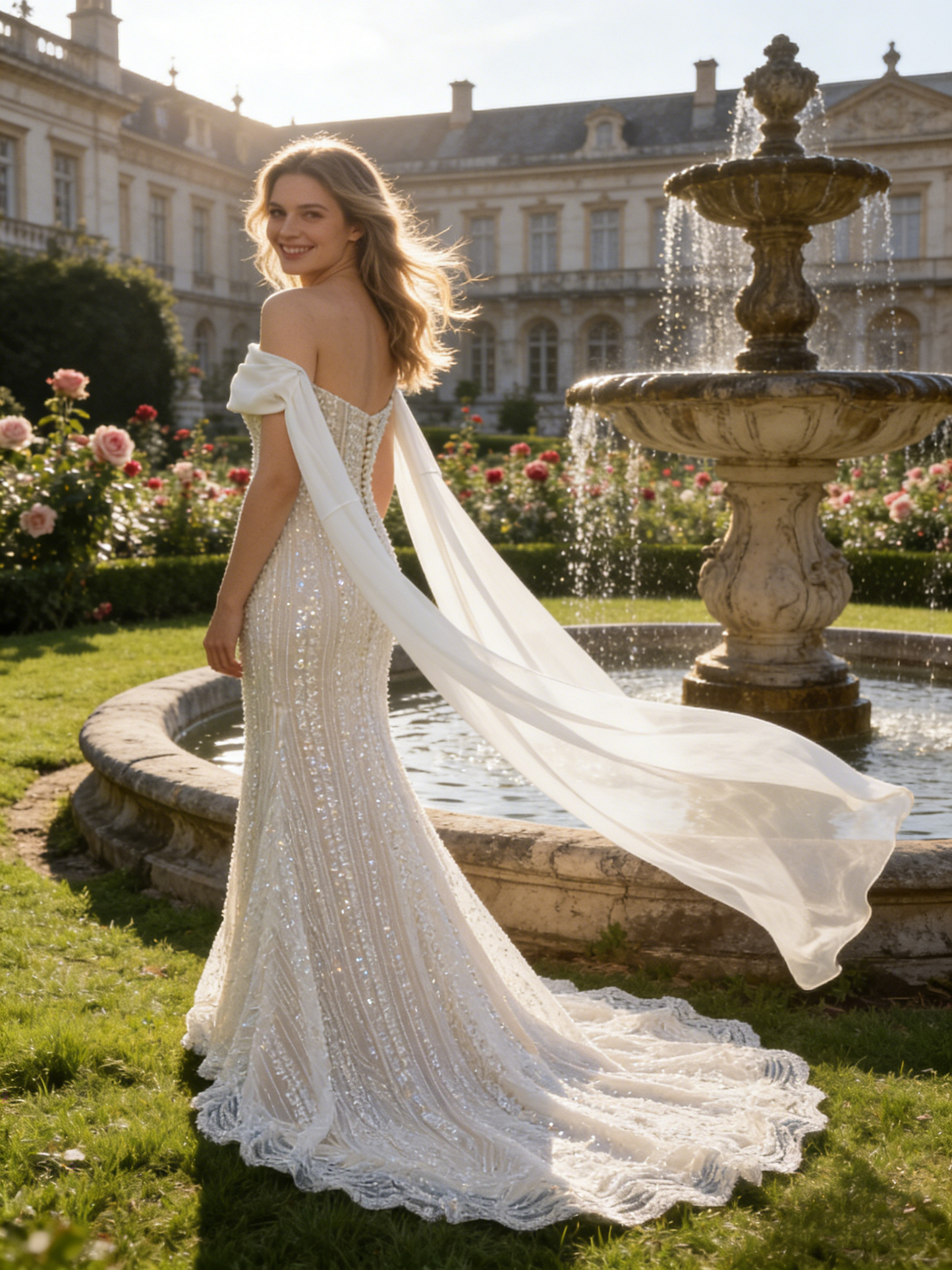CS102 Luxury Strapless Mermaid Wedding Dress with Detachable Off-the-Shoulder Cape Sleeves & Beaded Train