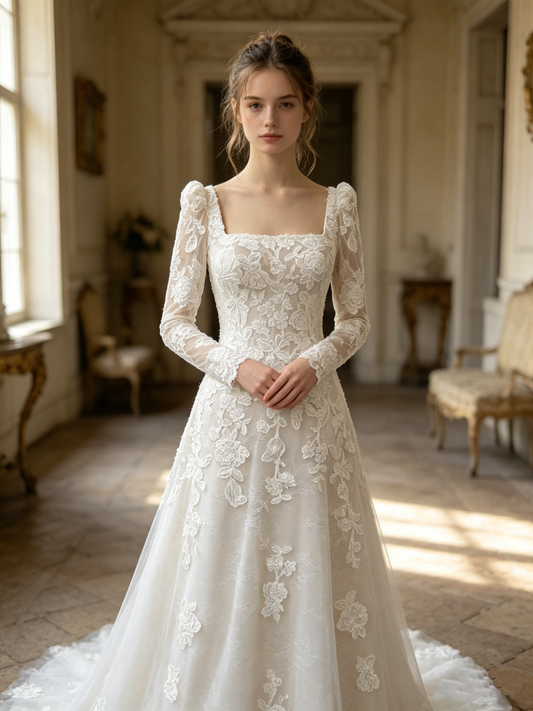 CN310 Square Neck Long Sleeve A-Line Wedding Dress with Floral Lace Appliqués