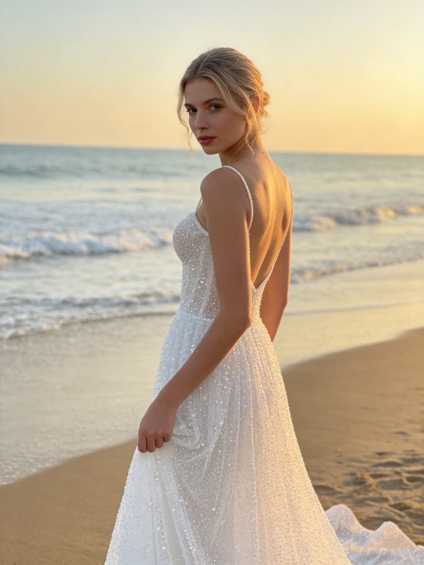CS129 Sparkling Beaded A-Line Wedding Dress with Spaghetti Straps & Illusion Back