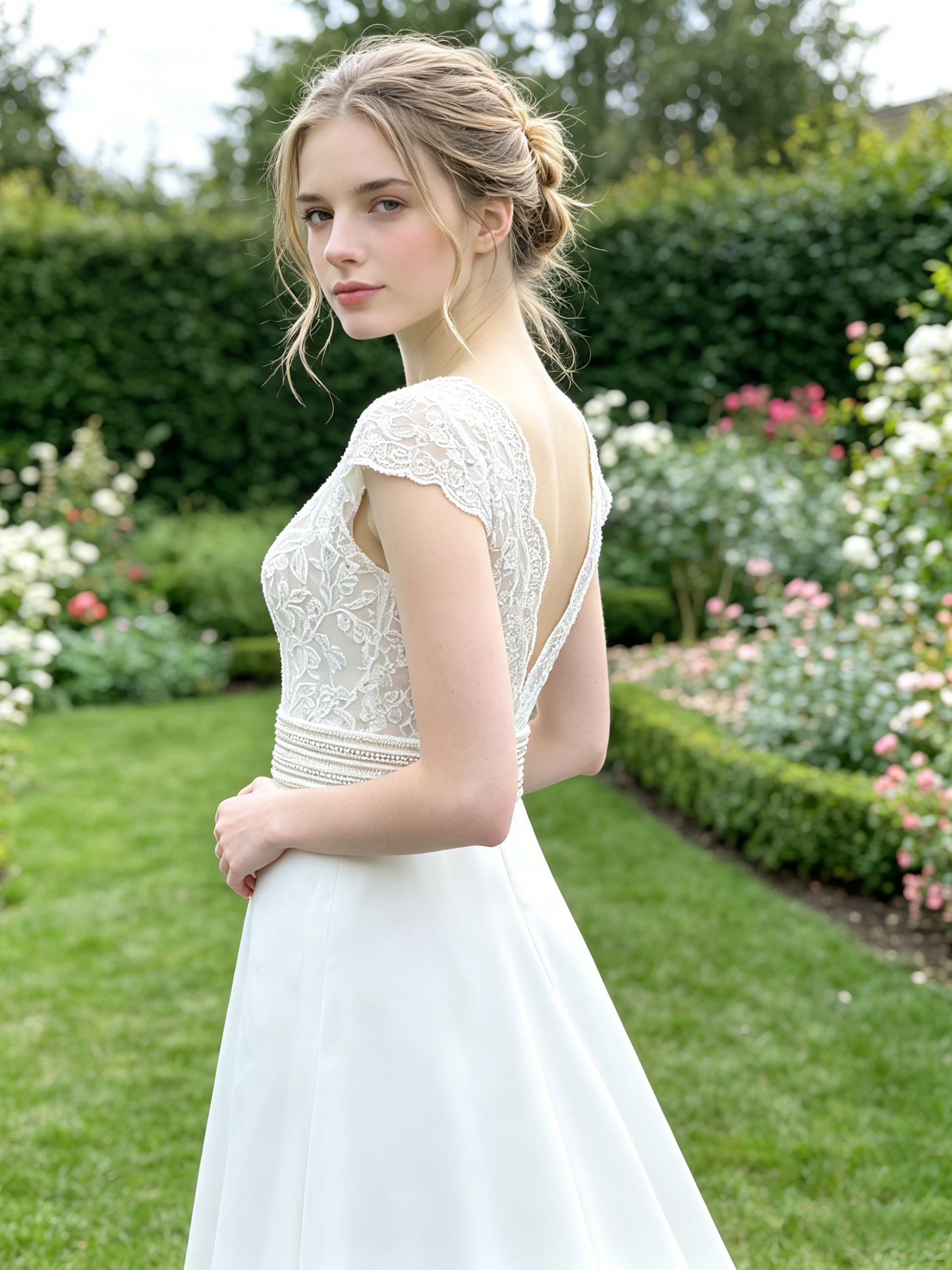 CS268 Romantic Lace & Chiffon A-Line Wedding Dress with Plunging V-Neck & Beaded Waistband