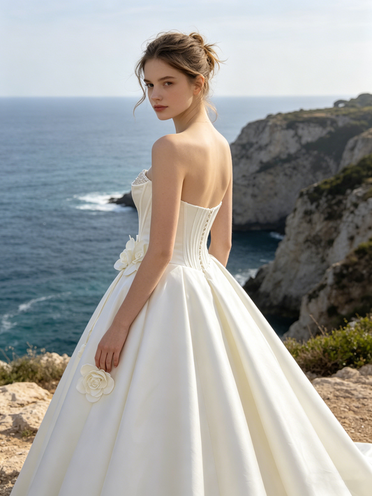 CN304 Strapless Satin Ball Gown Wedding Dress with Pearl Bust & 3D Floral Detail