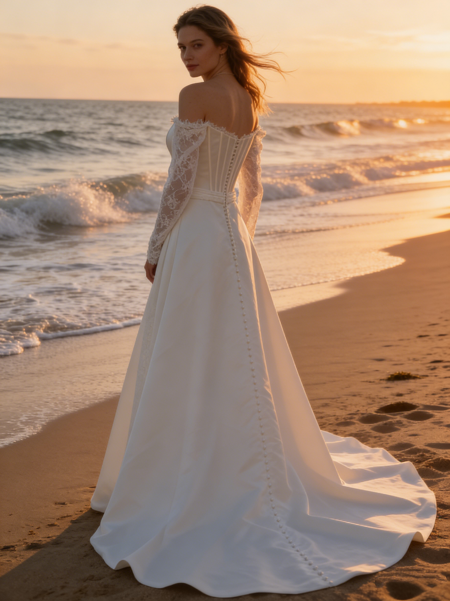 CS150 Elegant Satin A-Line Wedding Dress with Off-the-Shoulder Lace Sleeves & Corset Bodice
