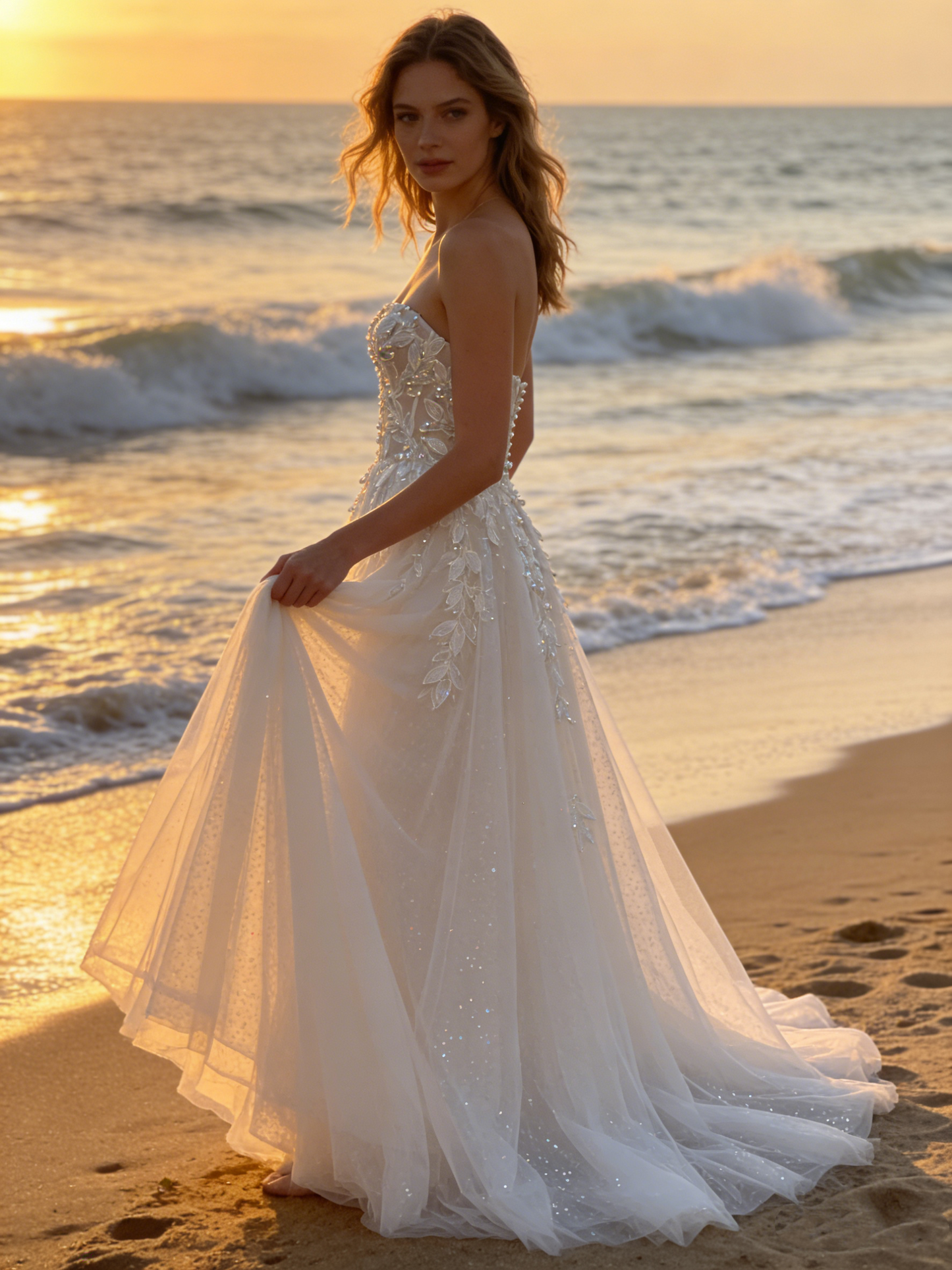 CS147 Romantic Leaf Lace Strapless A-Line Wedding Dress with Button Back & Ruffled Train