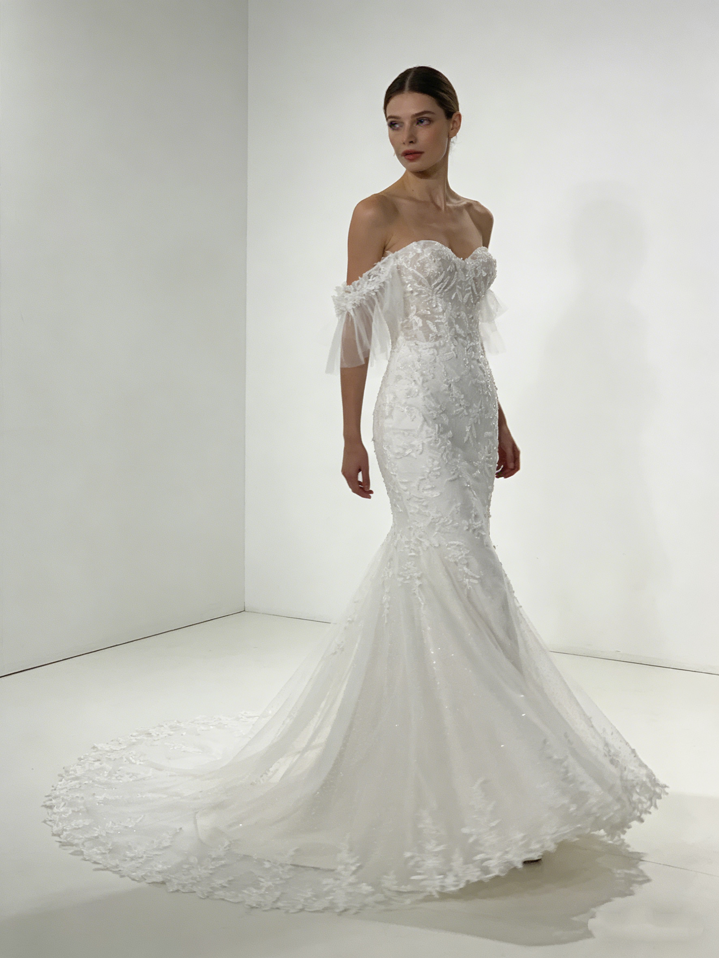 CS118 Elegant Lace Mermaid Wedding Dress with Detachable Tulle Sleeves