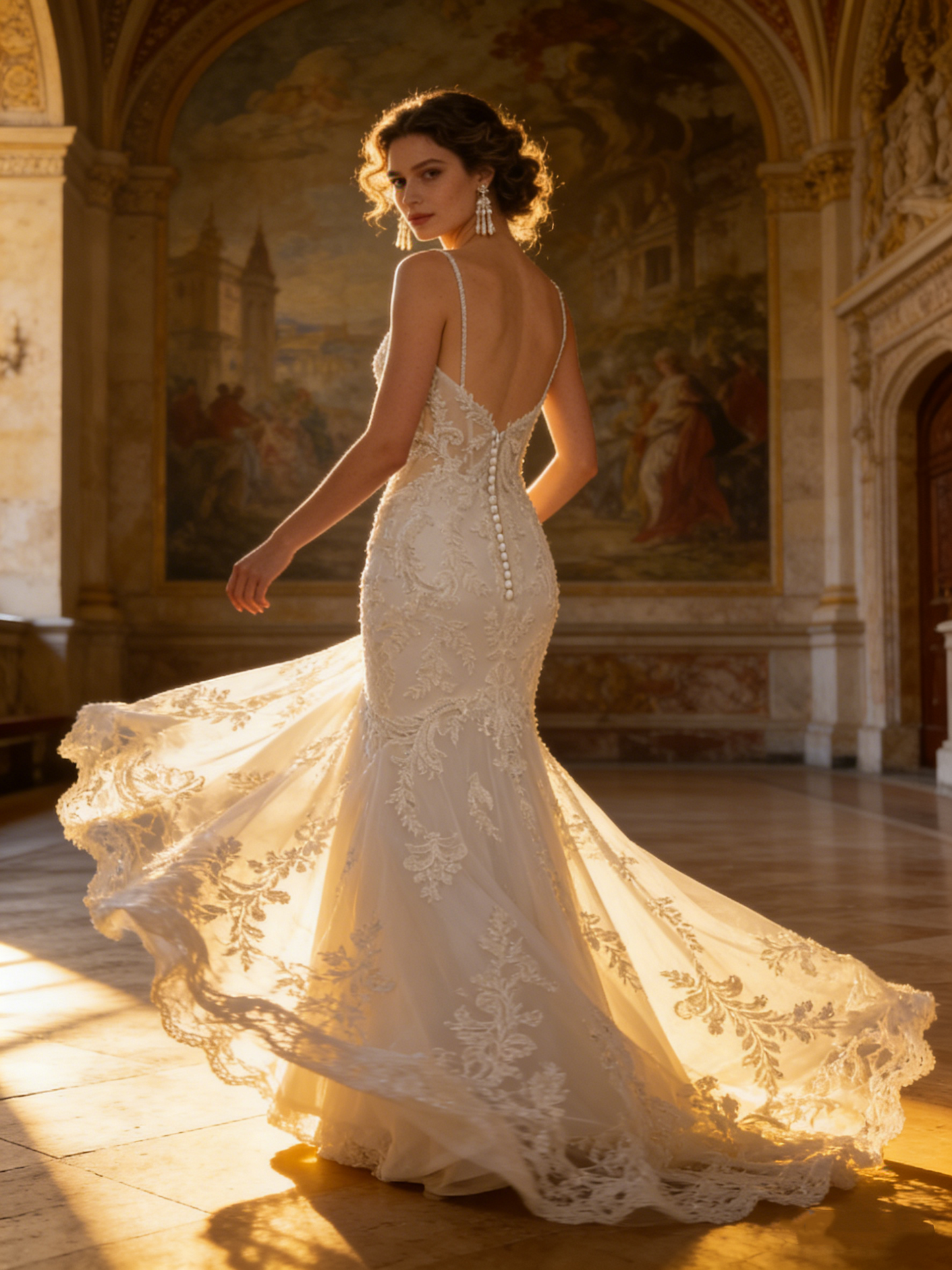 CS107 Elegant Lace Mermaid Wedding Dress with Spaghetti Straps & Illusion Back