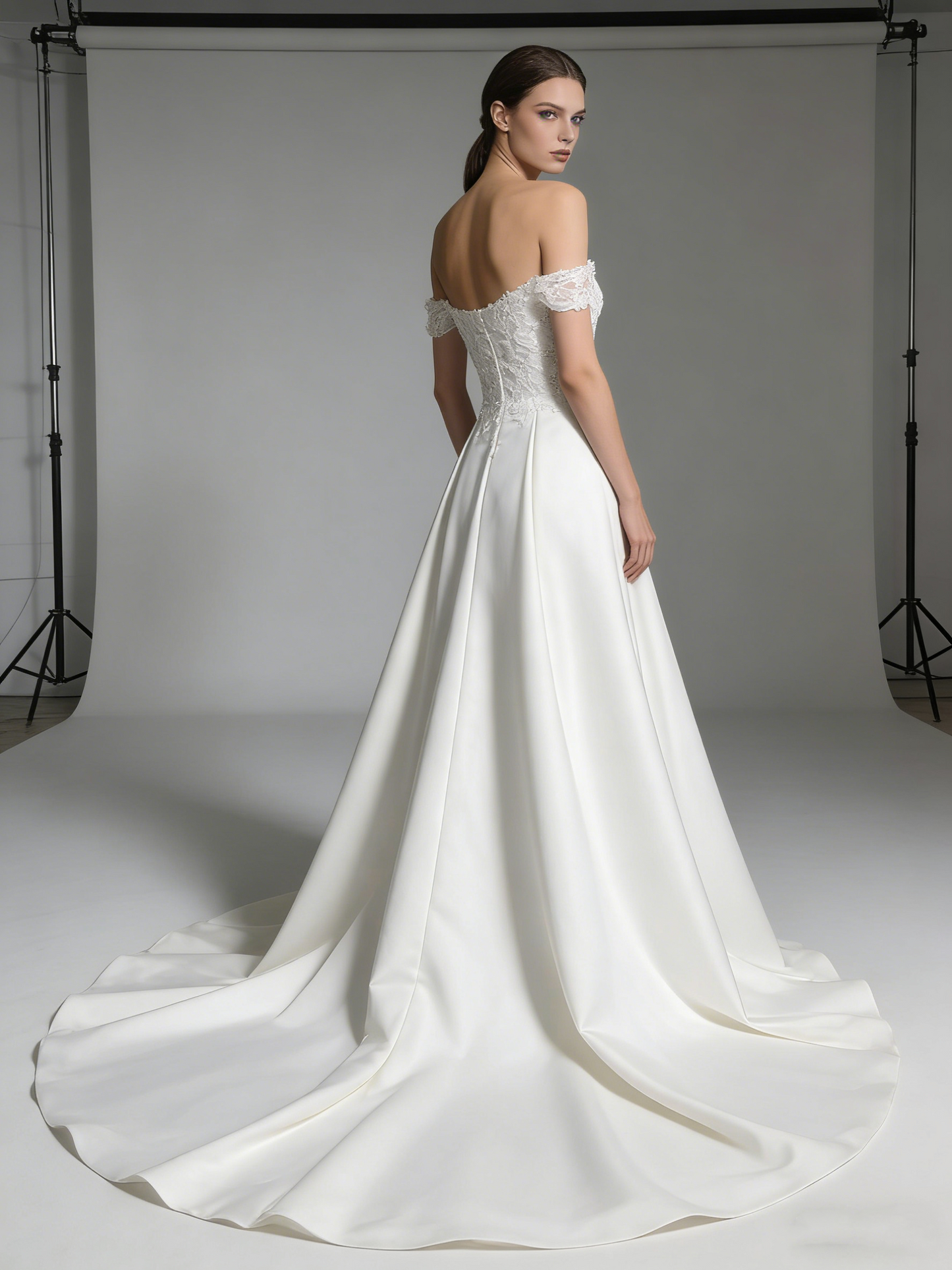 Elegant Off-the-Shoulder Satin A-Line Wedding Dress with Lace Bodice LJX228 Bridal Gown