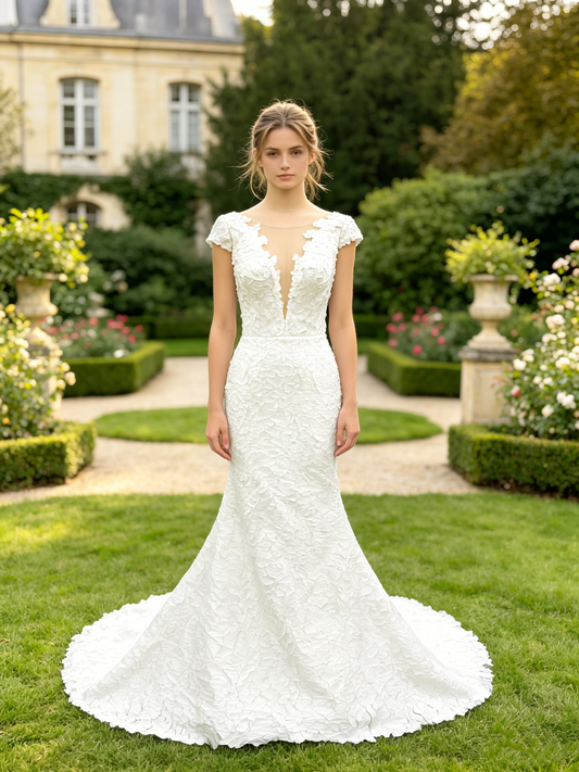 CS263 Elegant Satin Mermaid Wedding Dress with Plunging V Back & 3D Floral Applique