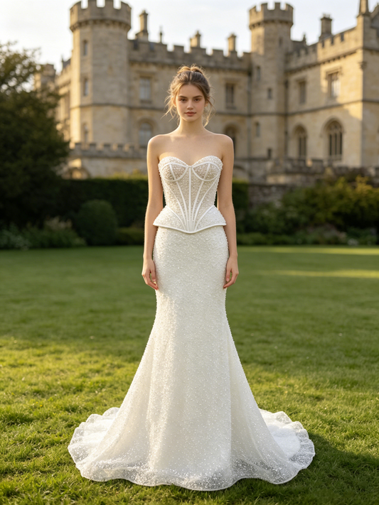 CN325 Convertible Strapless Mermaid Wedding Dress with High Neck Lace Jacket