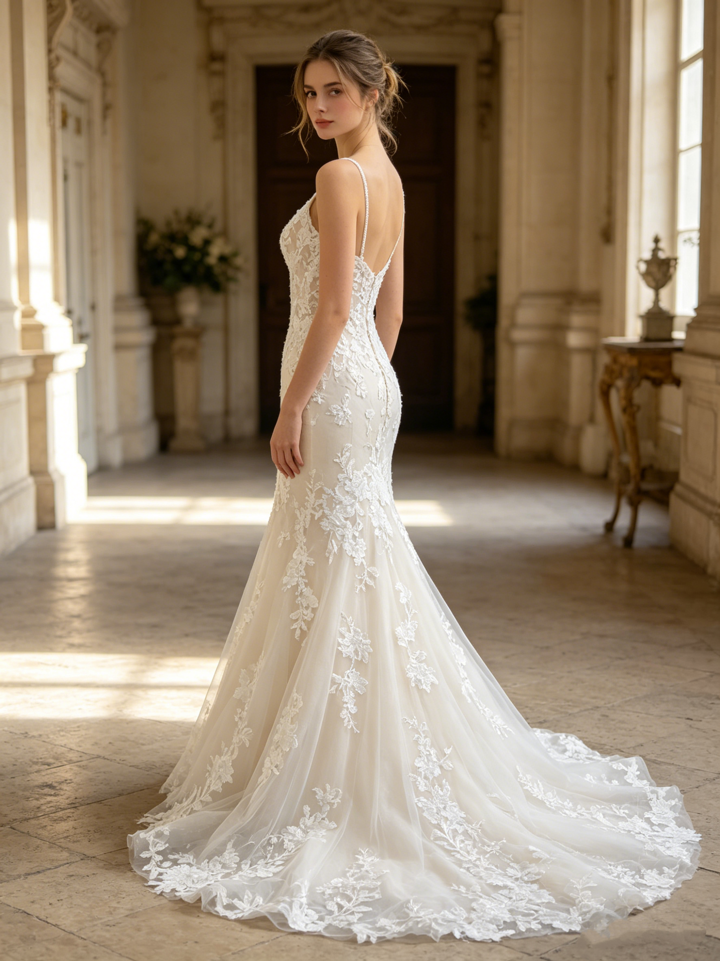 CS277 Romantic Lace Mermaid Wedding Dress with Beaded Spaghetti Straps & Deep V-Back