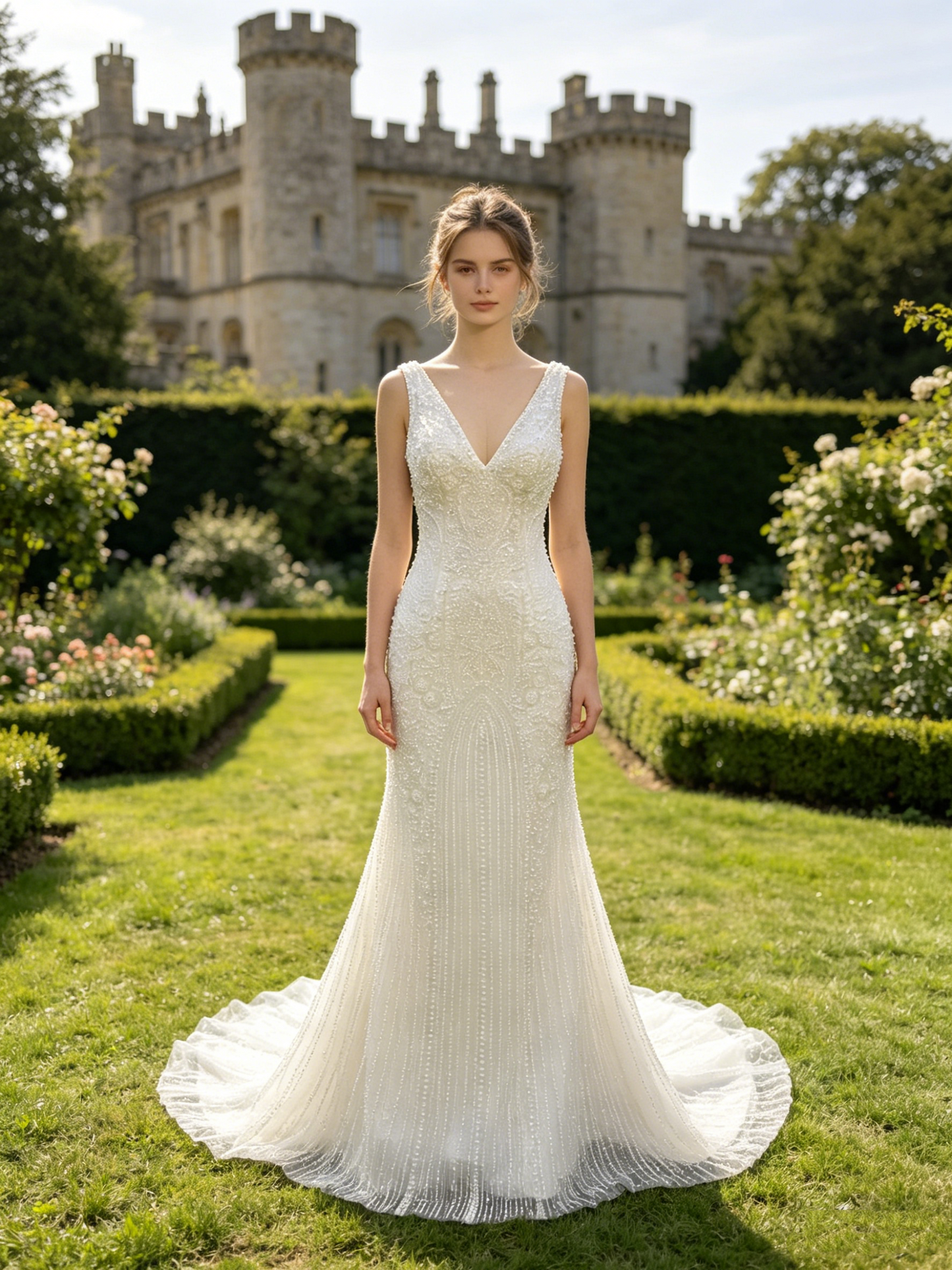 CS409 Beaded V-Neck Mermaid Wedding Dress with Corset Bodice