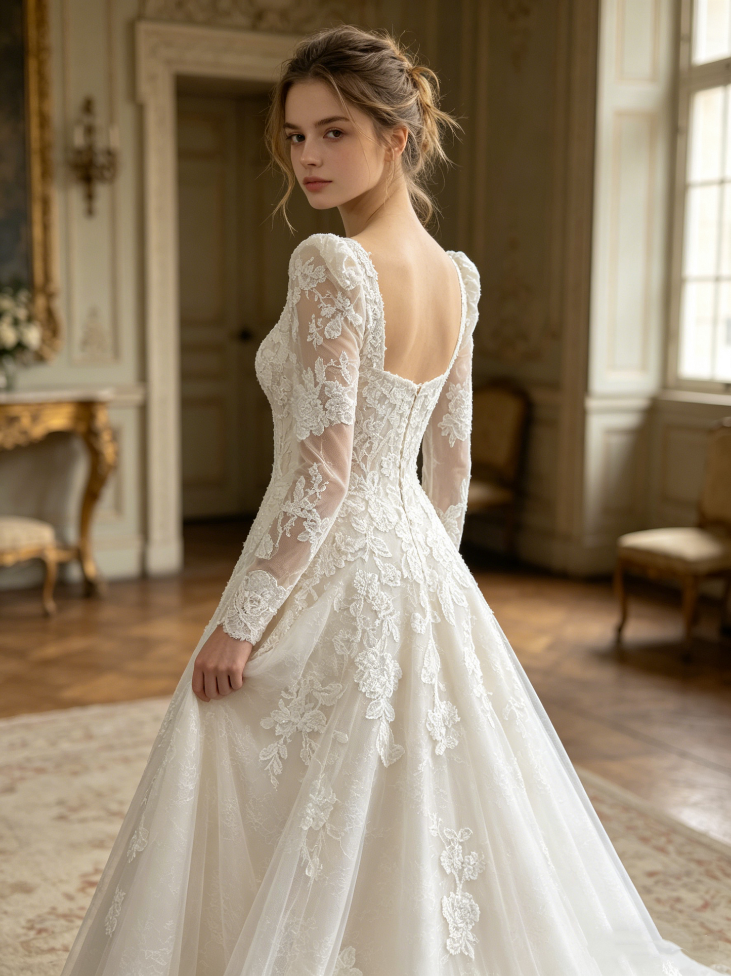 CN310 Square Neck Long Sleeve A-Line Wedding Dress with Floral Lace Appliqués
