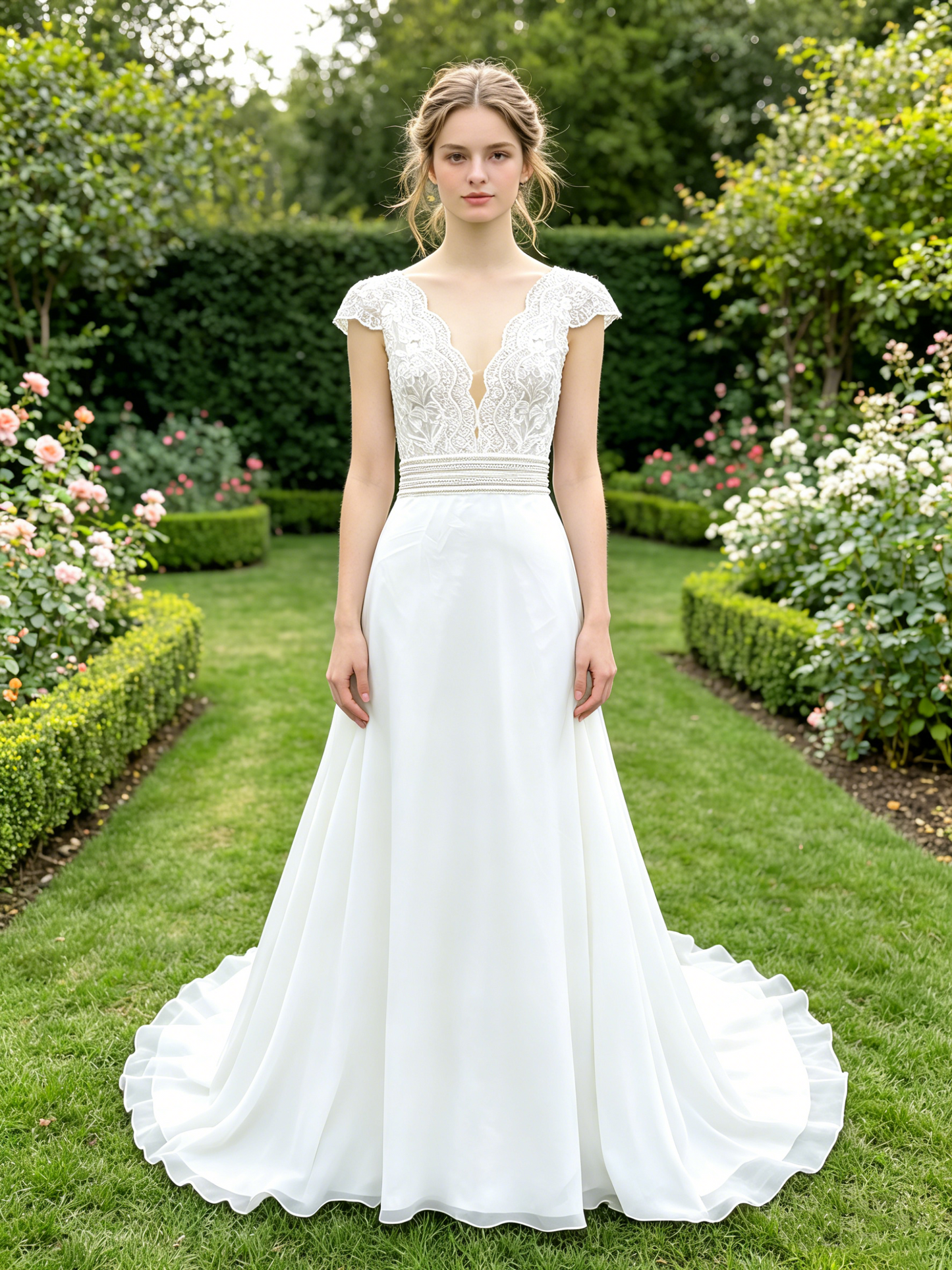 CS268 Romantic Lace & Chiffon A-Line Wedding Dress with Plunging V-Neck & Beaded Waistband