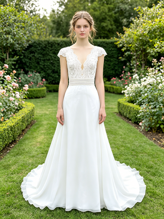 CS268 Romantic Lace & Chiffon A-Line Wedding Dress with Plunging V-Neck & Beaded Waistband