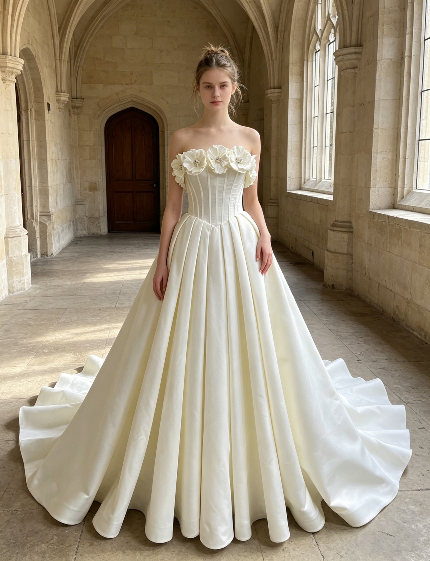 CS351 Strapless Satin A-Line Wedding Dress with 3D Floral Appliqués & Corset Bodice