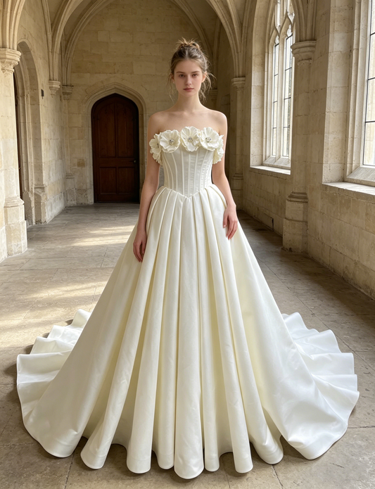 CS351 Strapless Satin A-Line Wedding Dress with 3D Floral Appliqués & Corset Bodice