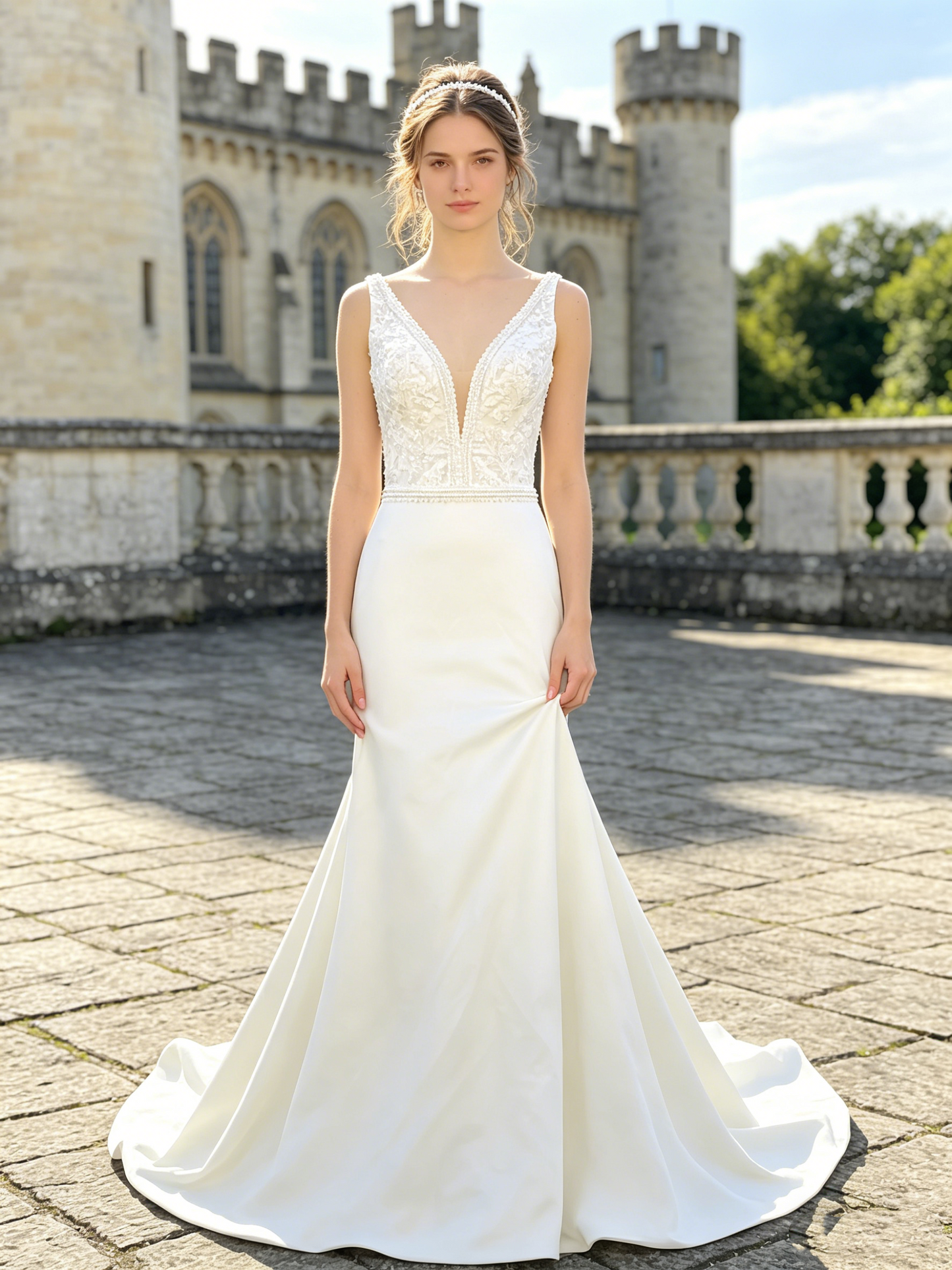 CS167 Elegant Beaded Lace Mermaid Wedding Dress with Plunging V-Neck & Chapel Train