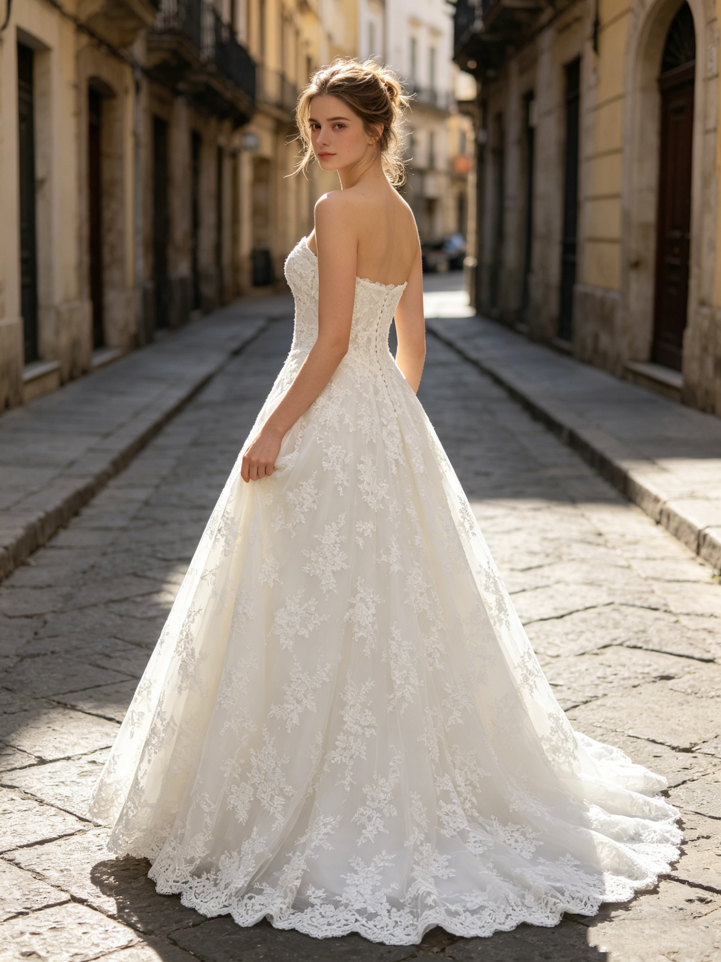 CS318 Strapless Lace A-Line Wedding Dress with Corset Bodice & Chapel Train