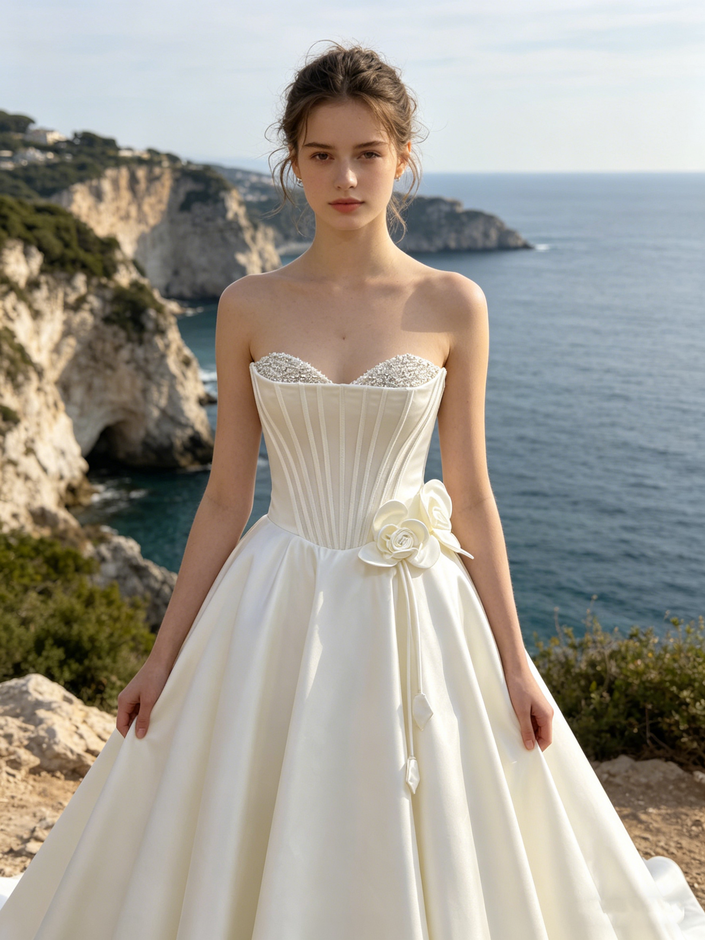 CN304 Strapless Satin Ball Gown Wedding Dress with Pearl Bust & 3D Floral Detail