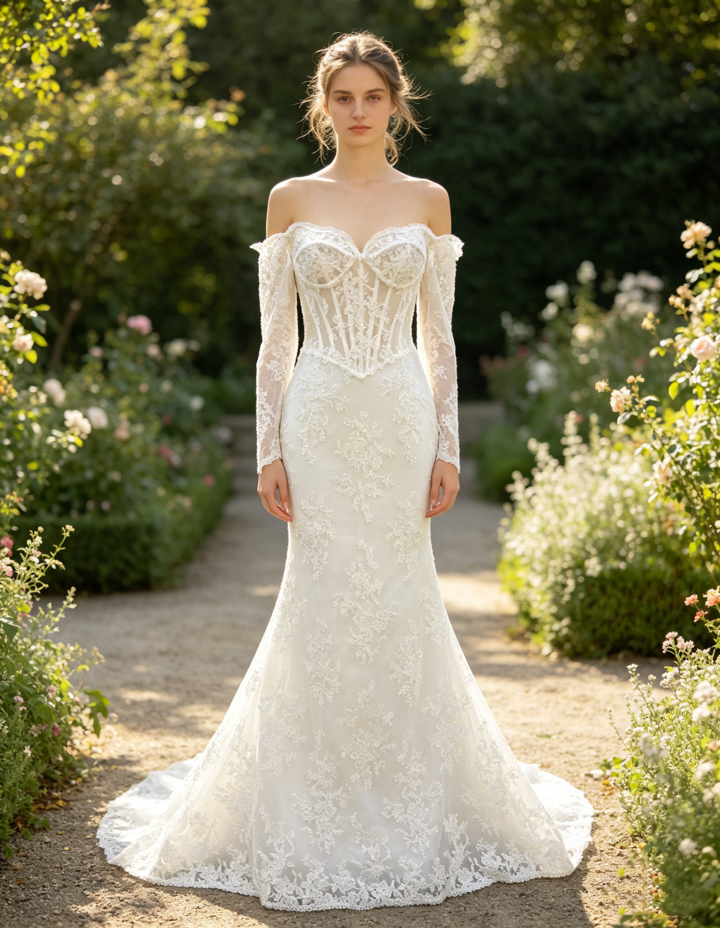CS321 Off-the-Shoulder Lace Mermaid Wedding Dress with Corset Bodice & Long Sheer Sleeves