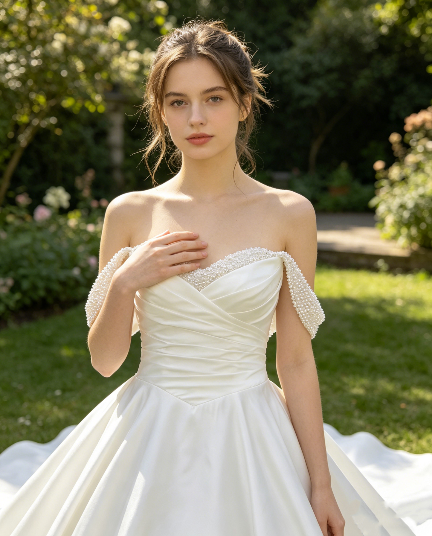 CS283 Off-the-Shoulder Satin Ball Gown Wedding Dress with Pearl Beaded Straps & Corset Back