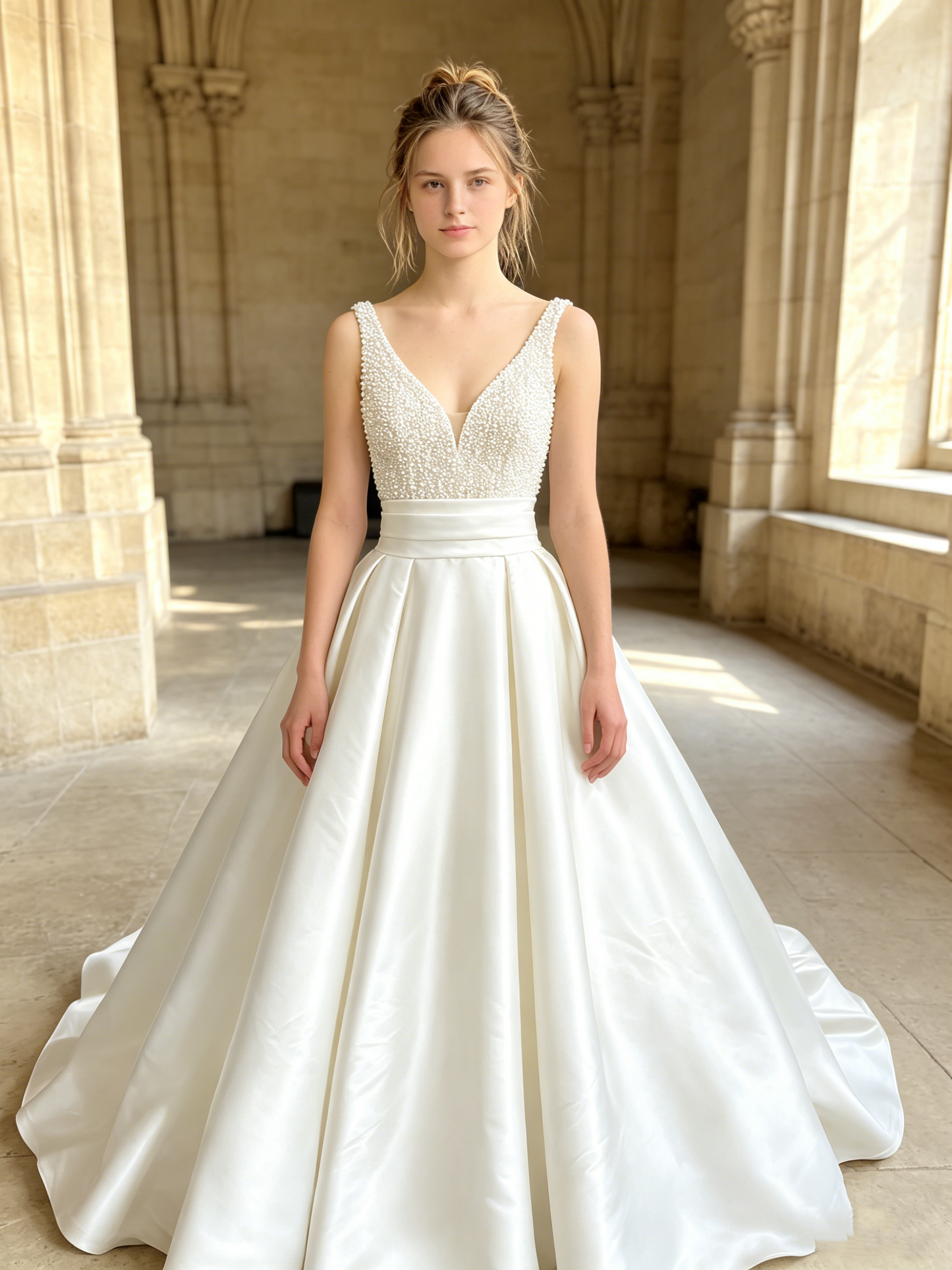 CS272 Luxury Pearl Beaded Satin Ball Gown Wedding Dress with Deep V-Neck & Chapel Train