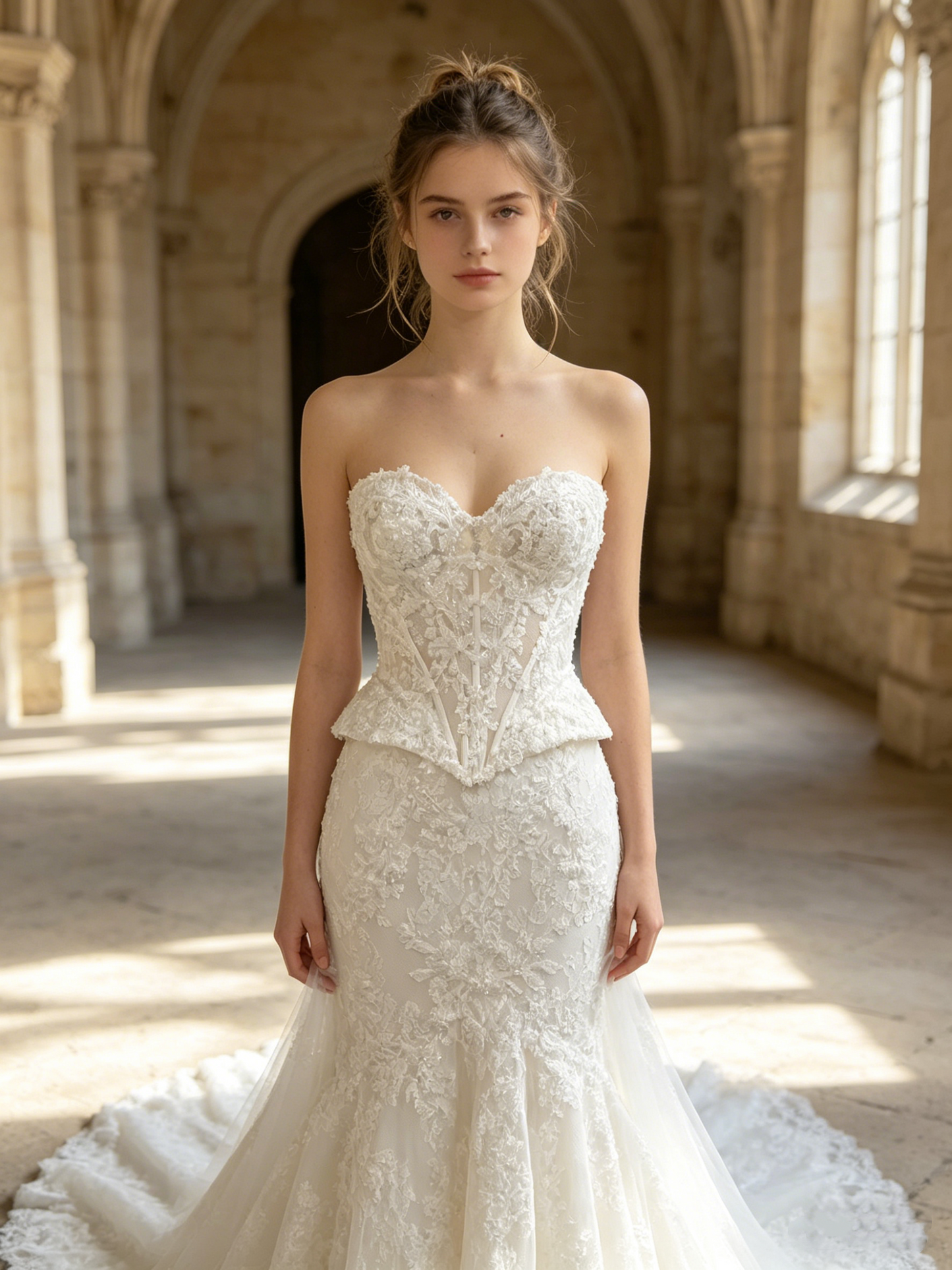 CS326 Strapless Lace Mermaid Wedding Dress with Corset Peplum & Lace-Up Back