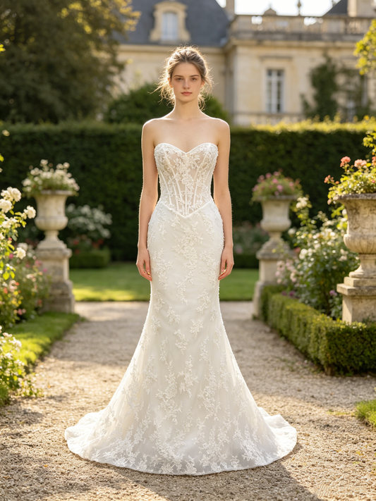 CN319 Strapless Sweetheart Mermaid Wedding Dress with Sheer Corset Bodice & Detachable Sleeves