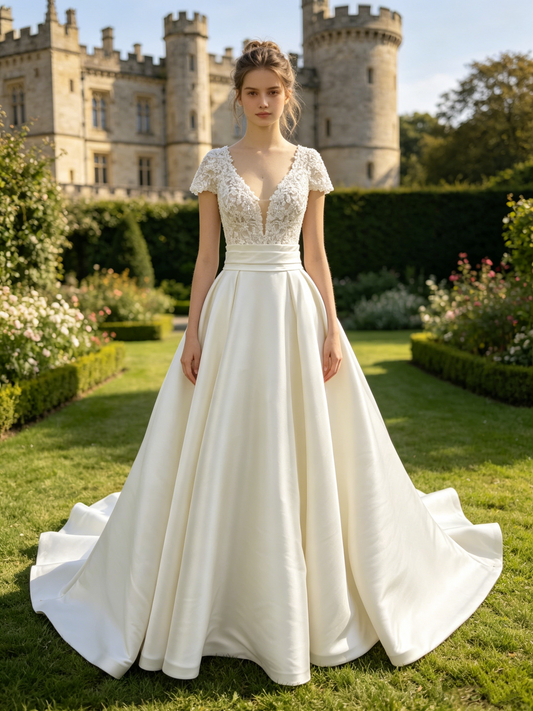 CS435 Short Sleeve Lace & Satin A-Line Wedding Dress with Corset Bodice