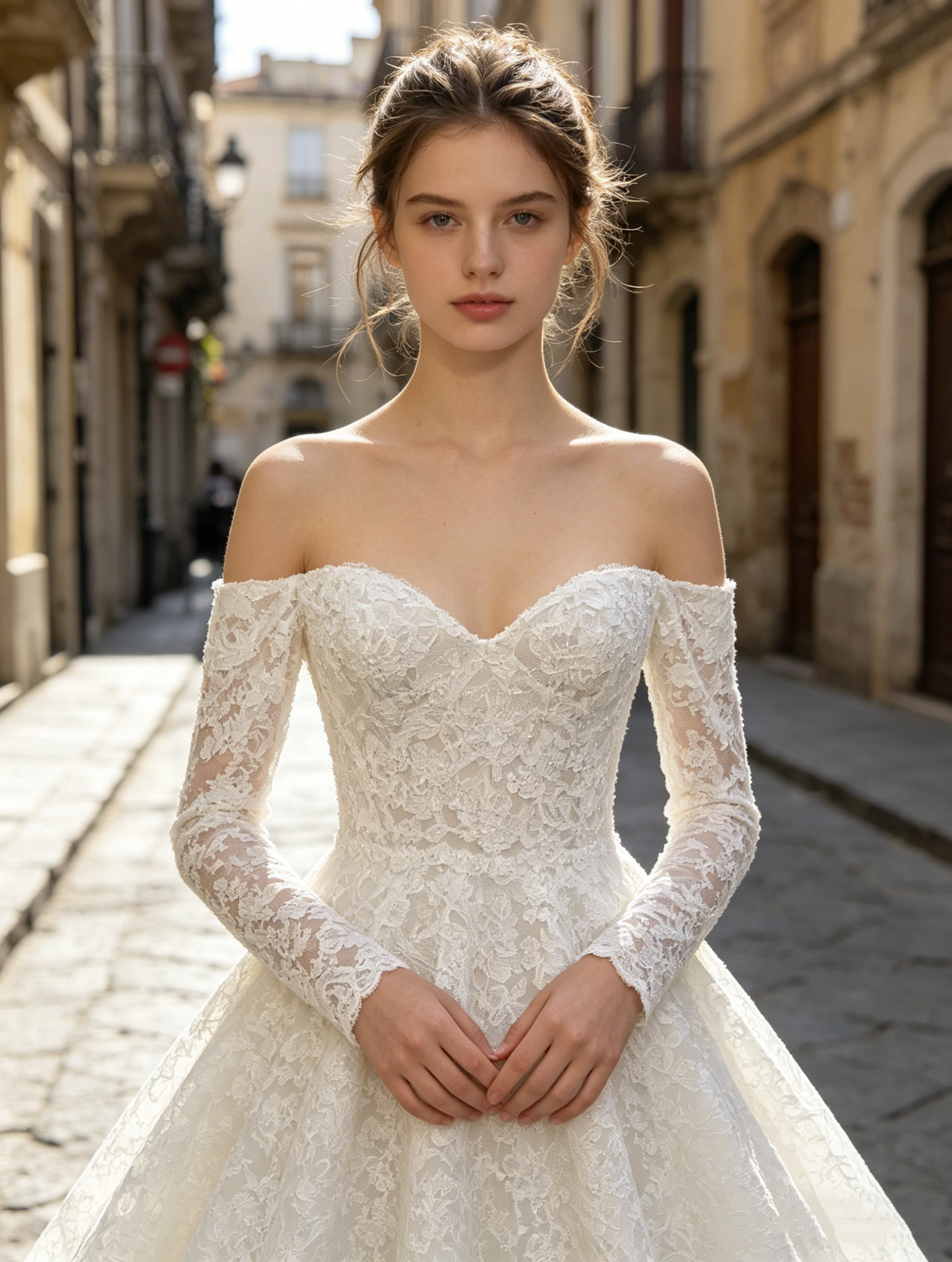 CS389 Elegant Off-the-Shoulder Lace A-Line Wedding Dress with Corset Bodice
