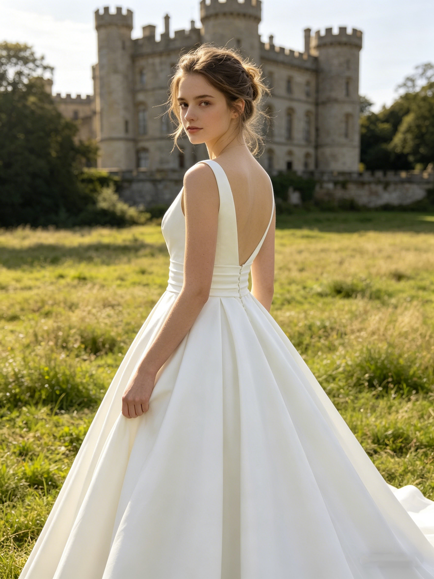 CS386 Elegant Deep V-Neck Satin A-Line Wedding Dress with Waist Sash