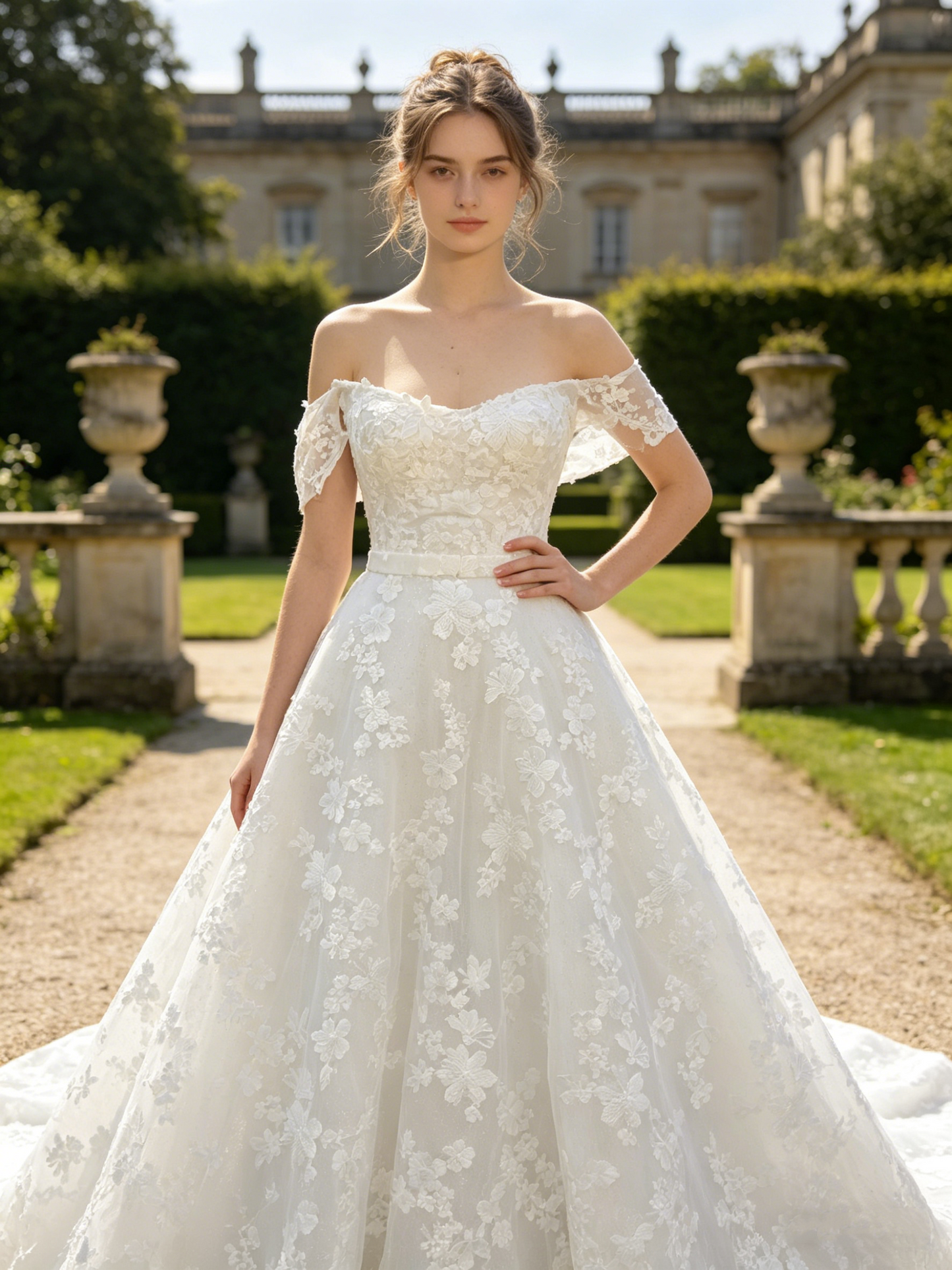 CS329 Off-the-Shoulder Floral Lace A-Line Wedding Dress with Removable Straps & Waist Sash