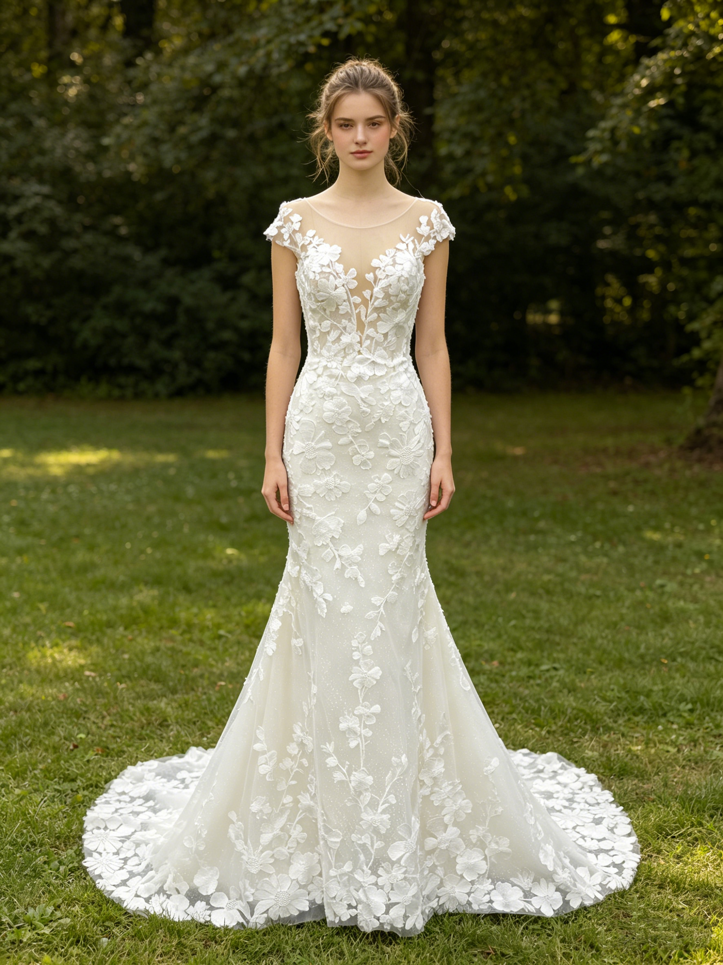 CS278 Romantic 3D Floral Lace Mermaid Wedding Dress with Illusion Neckline & Cap Sleeves