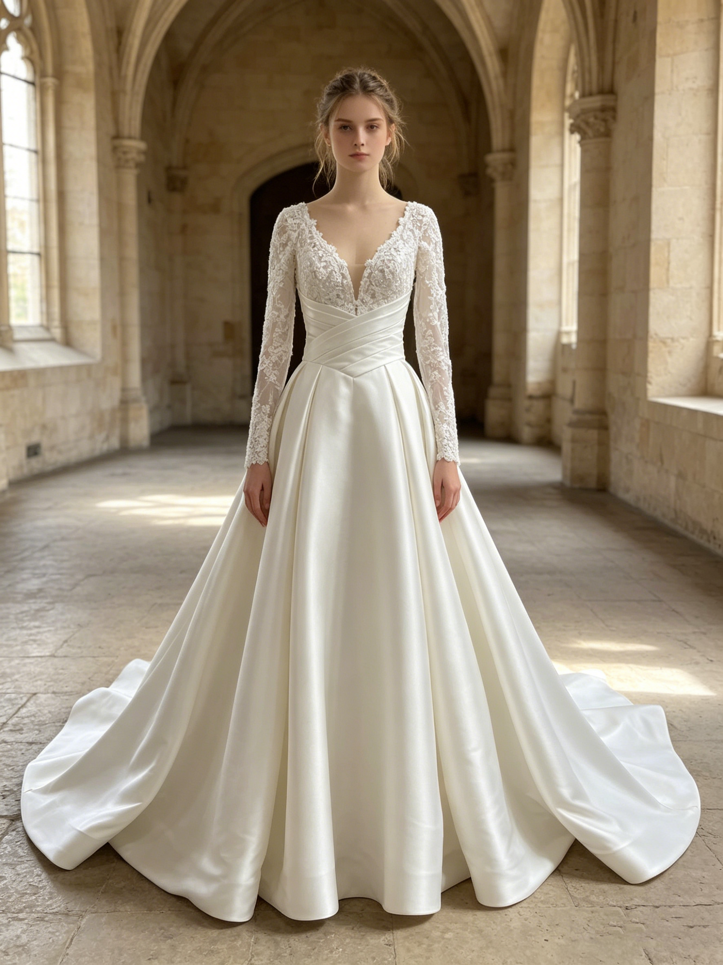 CS434 Long Sleeve Lace & Satin A-Line Wedding Dress with Corset Bodice