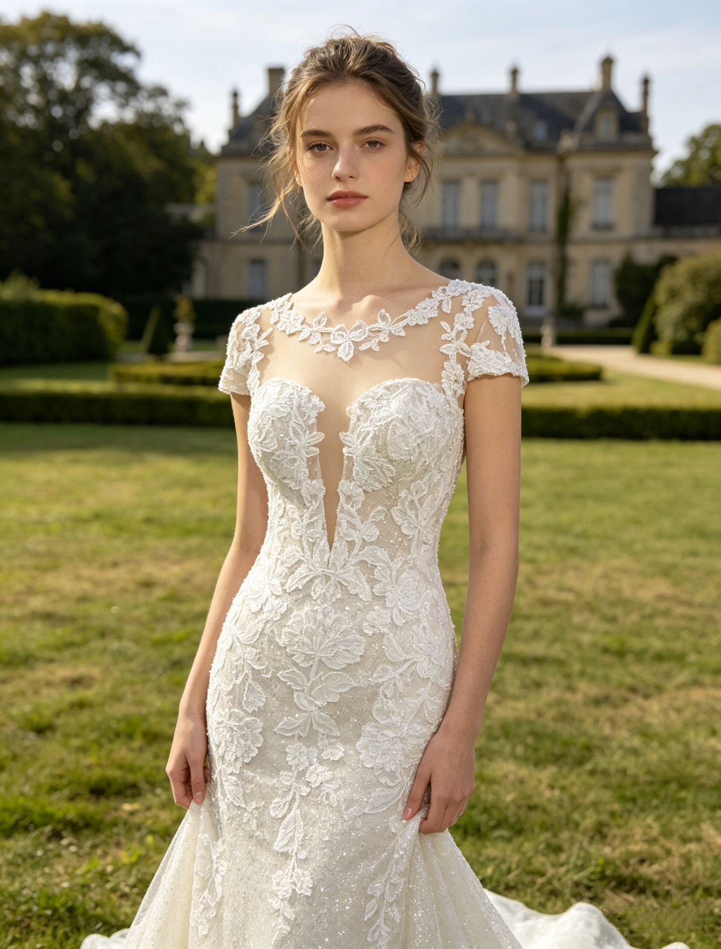 CS387 Beaded Lace Mermaid Wedding Dress with Illusion Neckline & Short Sleeves