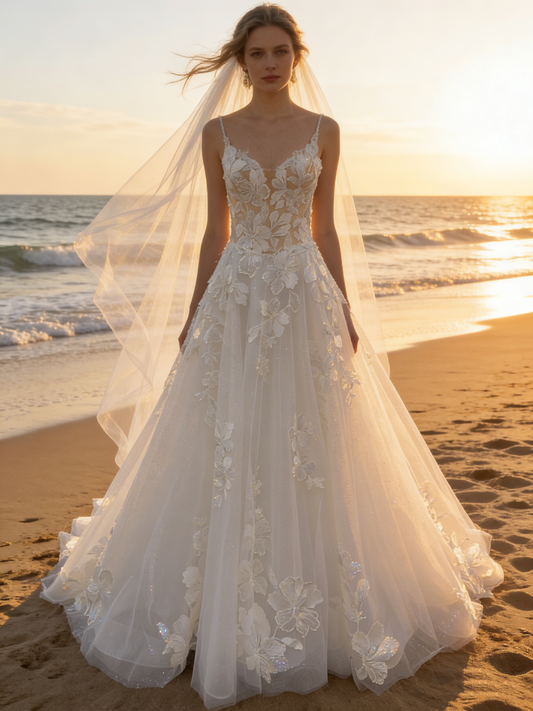 CS174 Romantic 3D Floral Lace Spaghetti Strap A-Line Wedding Dress with Illusion Open Back & Cathedral Train