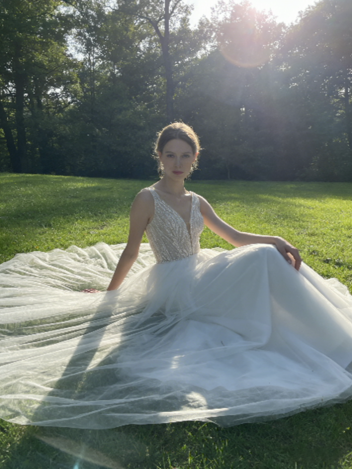JF007 Elegant Deep V-neck Tulle Ball Gown Wedding Dress with Beaded Bodice