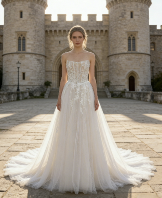 JF009 Elegant Strapless Lace A-Line Wedding Dress with Corset Back & Cathedral Train