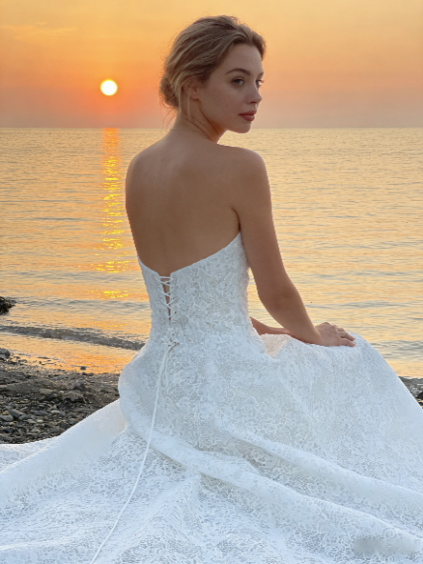 JF045 Strapless Lace A-Line Wedding Dress with Plunge Neck & Corset Back