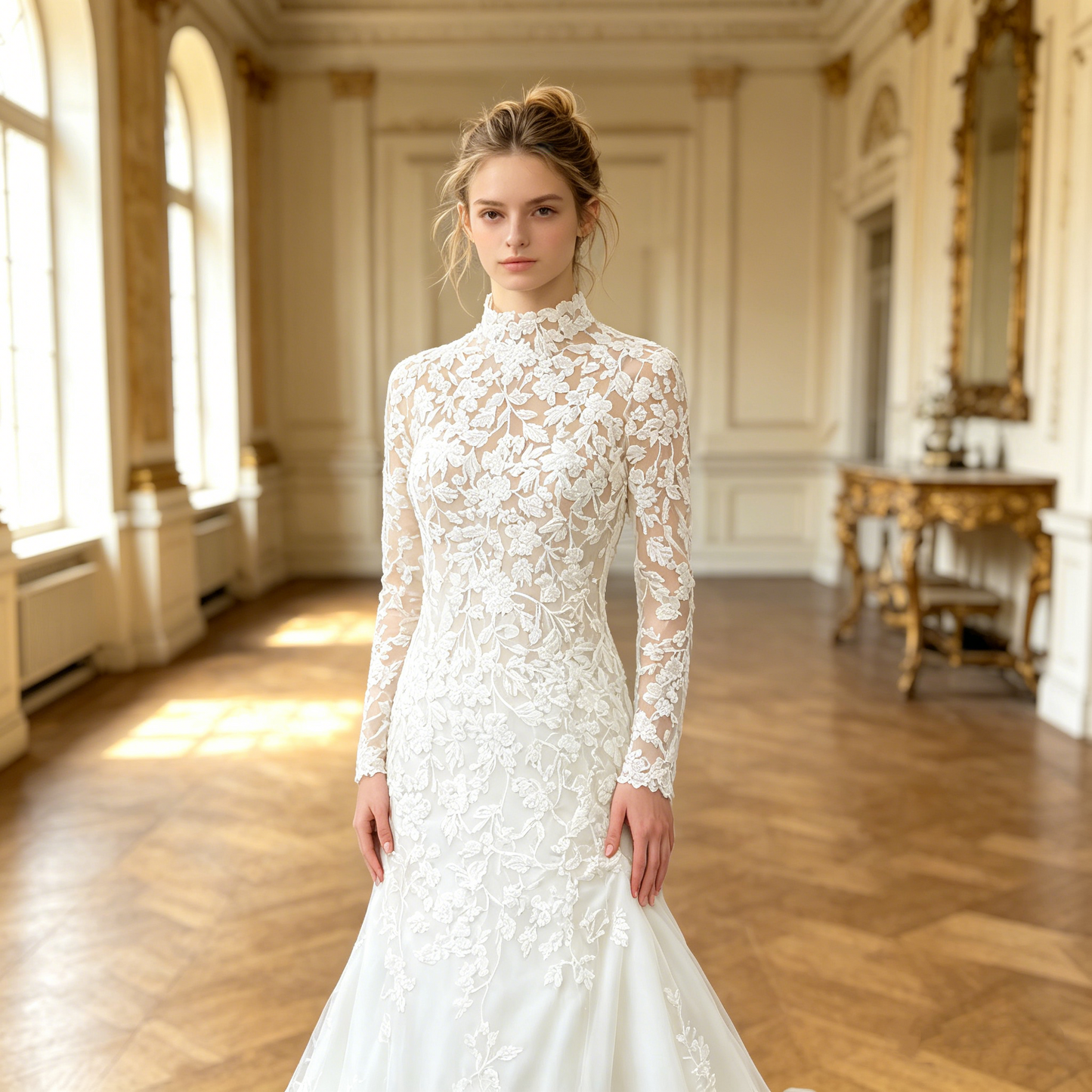 CS305 High-Neck Long-Sleeve Lace Mermaid Wedding Dress with Buttons & Chapel Train