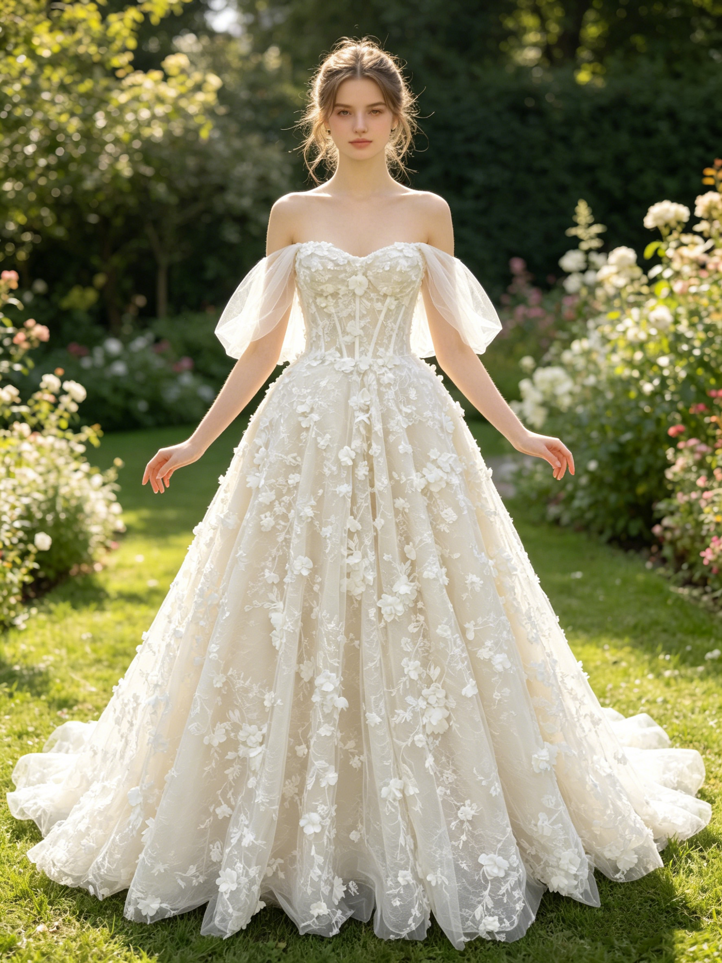 CN305 Off-the-Shoulder 3D Floral Lace Ball Gown Wedding Dress with Corset Bodice