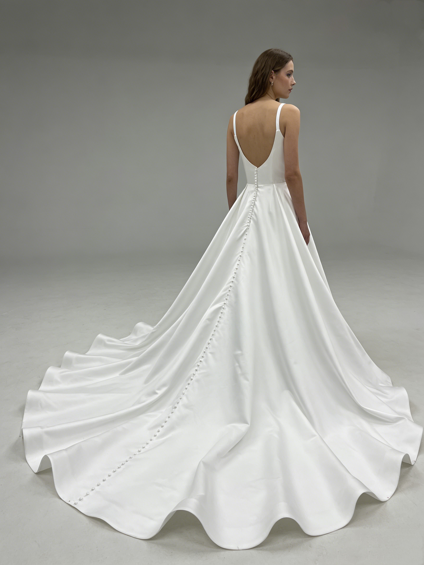 LJX191 Elegant Square Neck Satin A-Line Wedding Dress with Covered Button Back