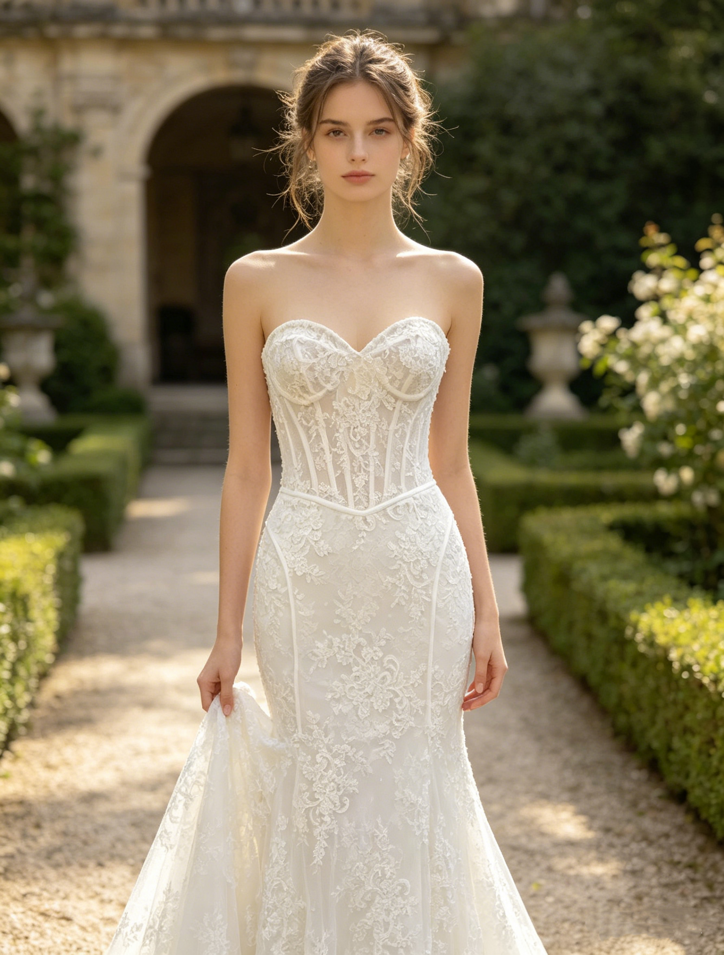CS381 Strapless Lace Mermaid Wedding Dress with Sheer Corset Bodice