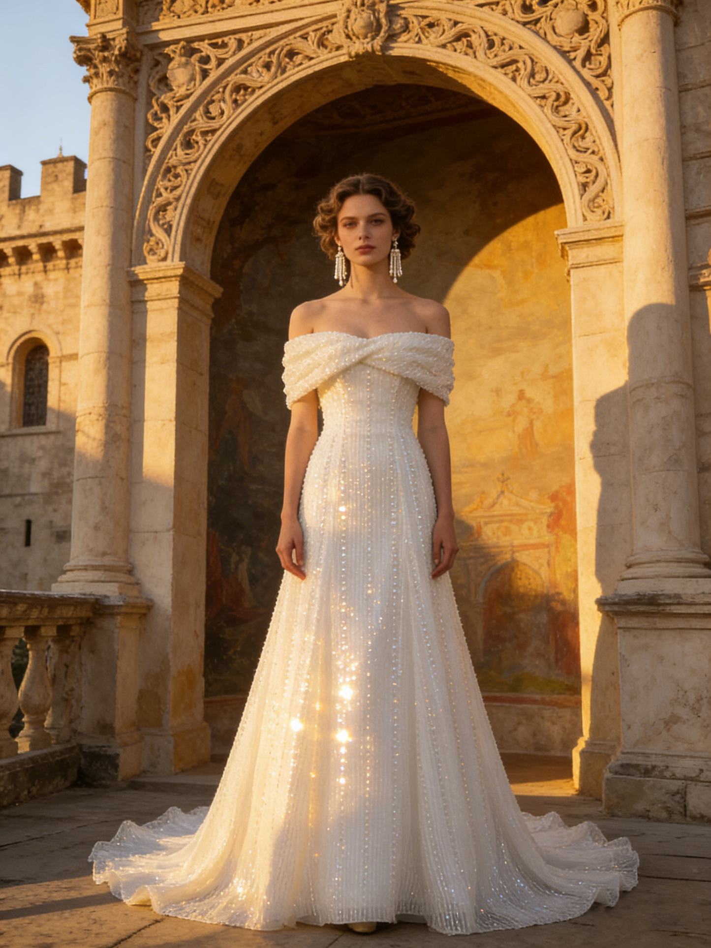 ZT024 Elegant Off-the-Shoulder Beaded A-Line Wedding Dress with Twisted Bodice